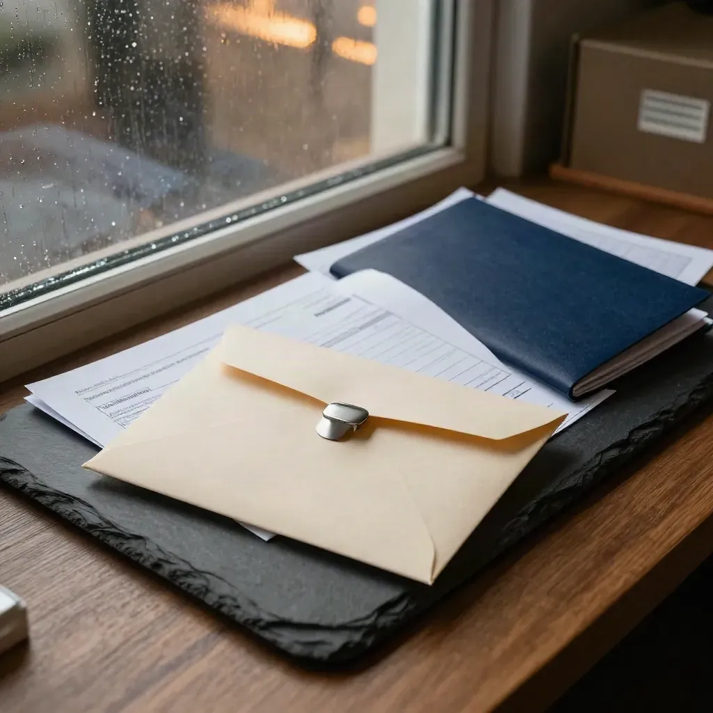 Overdue invoice packets in a slate tray by a rain-lit office window.
