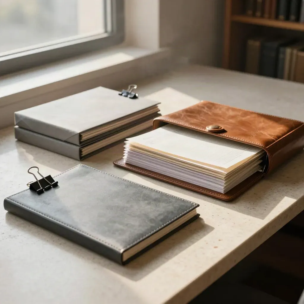 Legal case files, binder clips and a leather case arranged on a cream stone surface by window light.