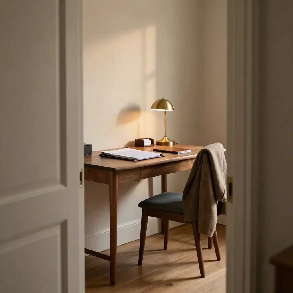 Home office legal setup with a closed folder, lamp base, and coat on chair at dusk.