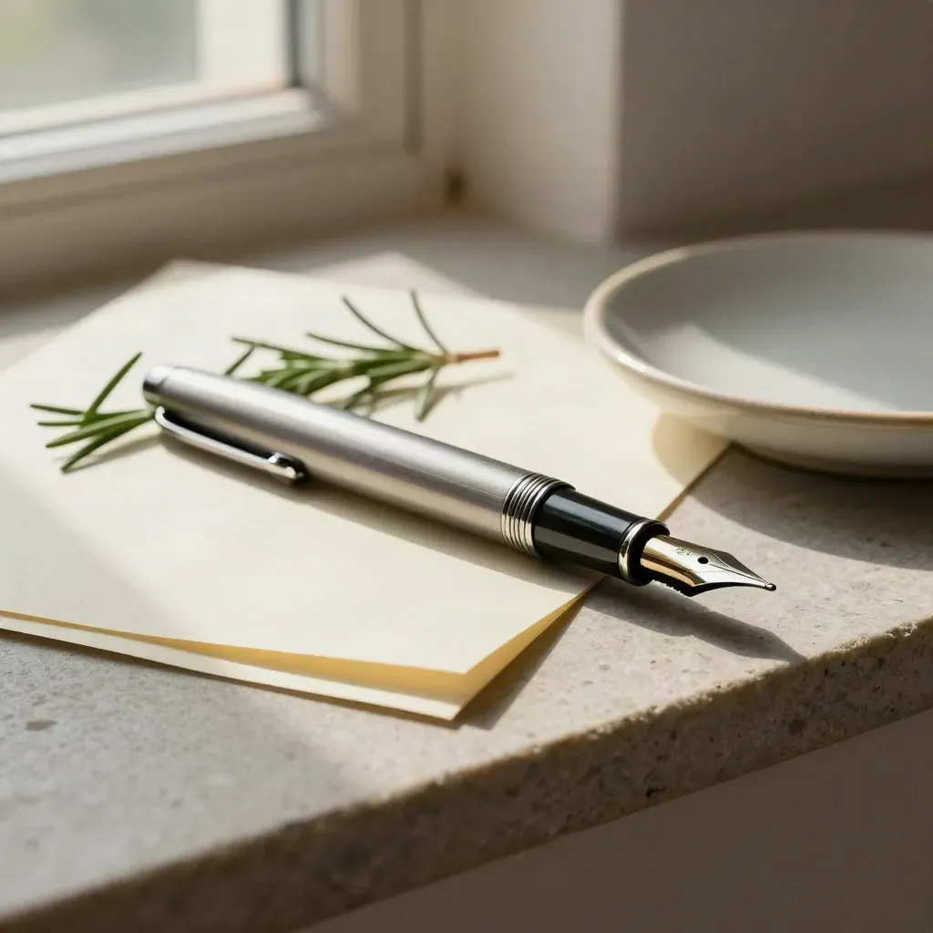 Fountain pen nib, folded cream paper, rosemary sprig and ivory dish on stone.